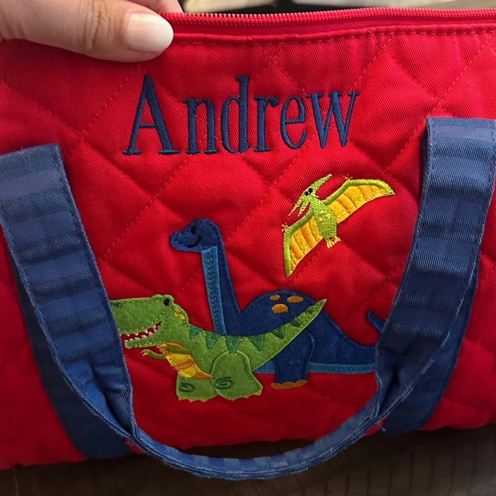 Kids Red and Blue Dinosaur Overnight Travel Quilted Bag